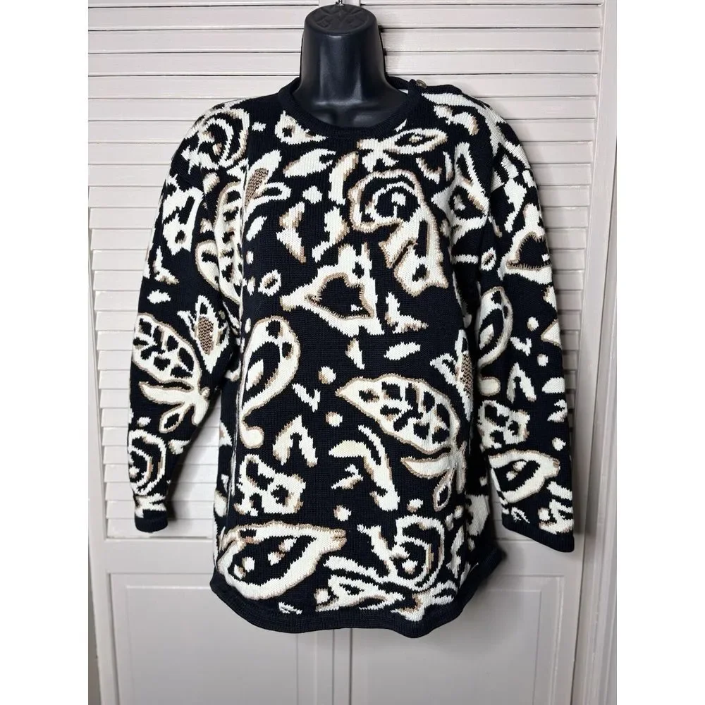Chai's Black/Tan Animal Print Crew Neck Sweater Long Sleeve Size Large Thick